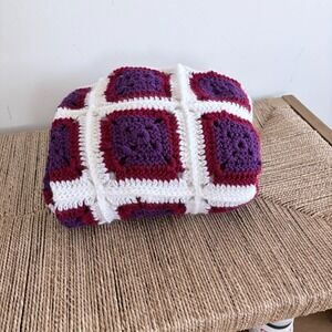 Red Purple White Hand Crocheted Afghan Throw Lap Blanket 36x47 Granny Square